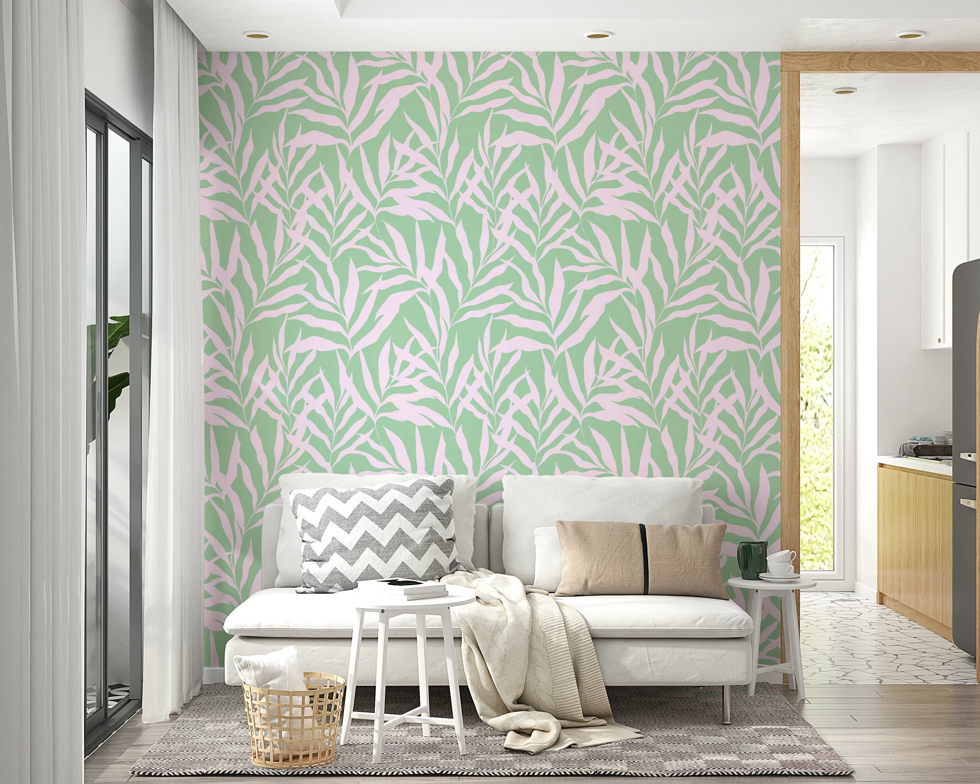 A bathroom decorated with palm tree wallpaper

