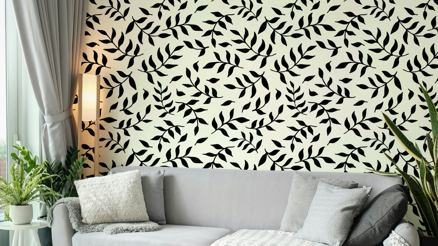 An angled shot of a wall with twig pattern wallpaper

