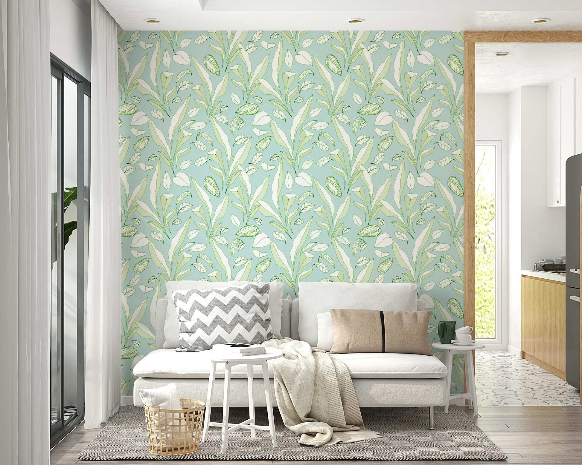 The Hand Drawn Tropical Leaves Wallpaper on a feature wall.

