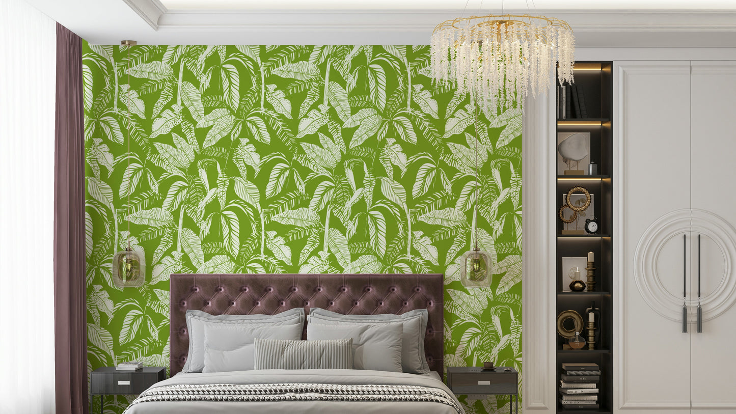An interior with a lush and refreshing accent wall

