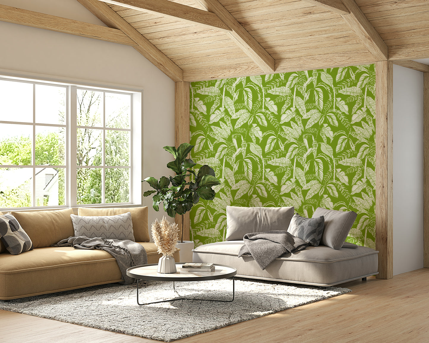 A sunroom decorated with a jungle-themed mural

