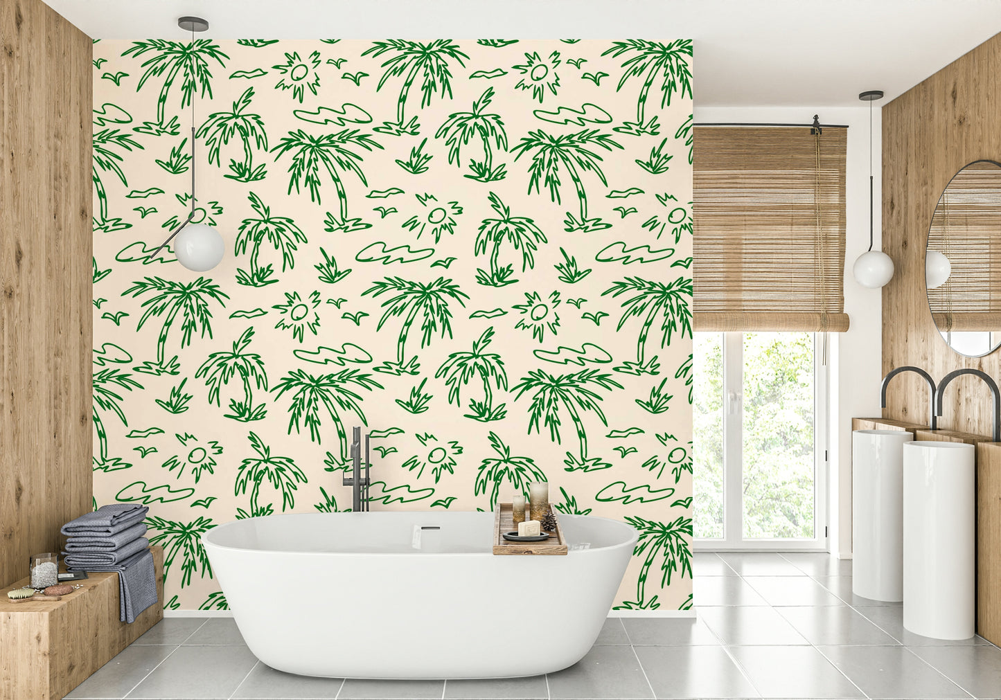Hand Drawn Tropical Palms Wallpaper on a living room wall


