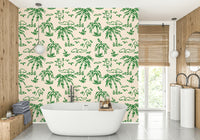 Hand Drawn Tropical Palms Wallpaper on a living room wall

