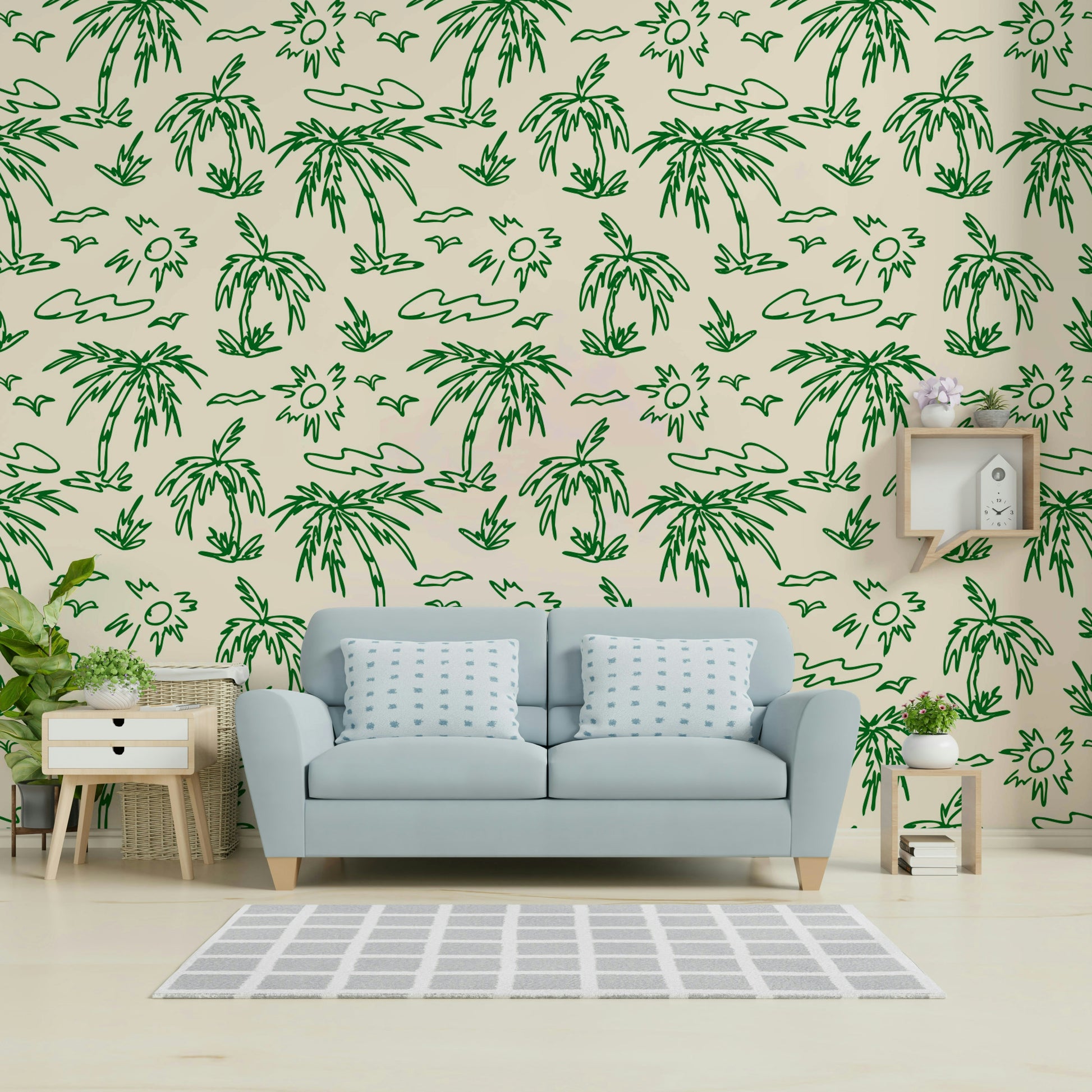 An interior with a lush and refreshing accent wall

