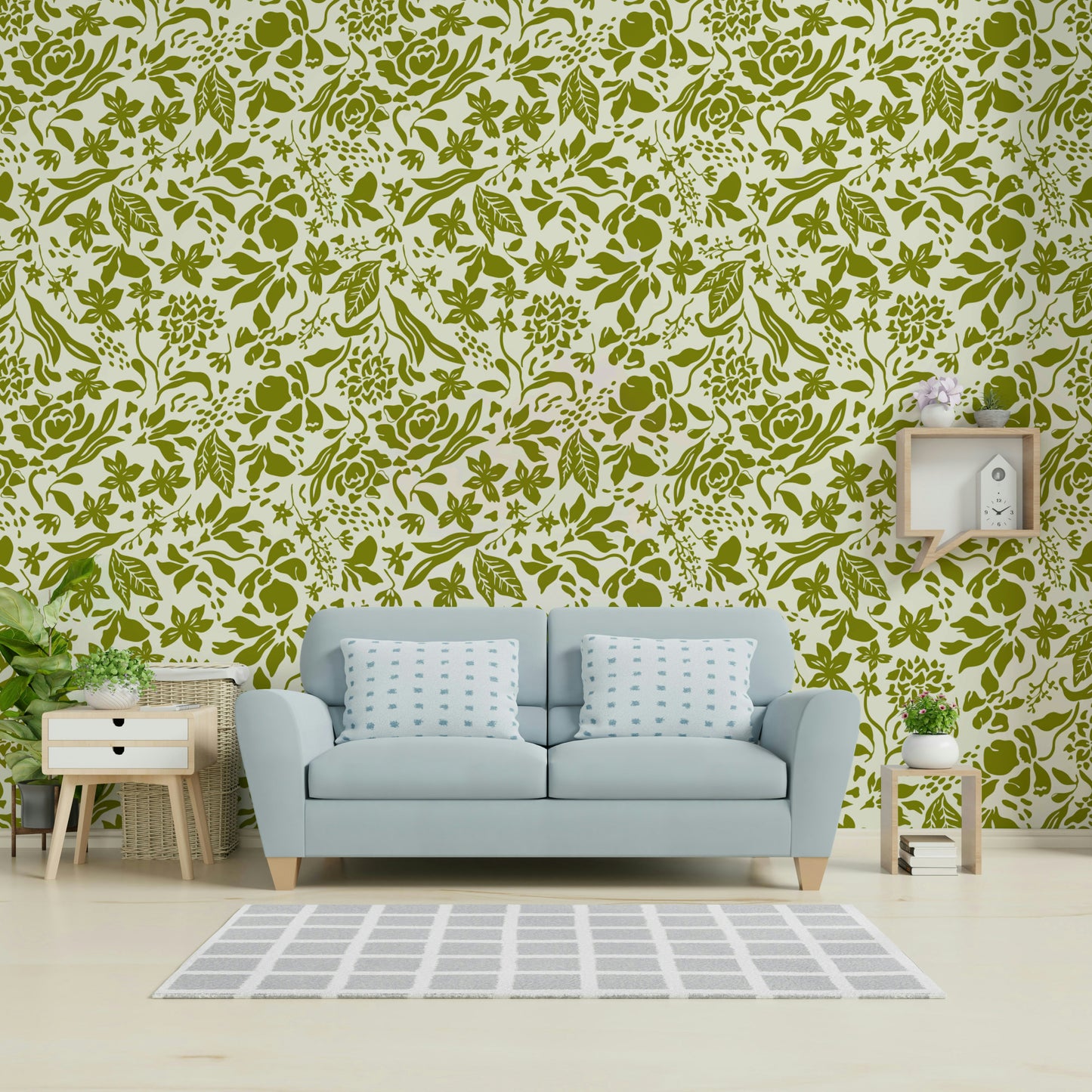 Green Flower Shapes Wallpaper on a living room wall


