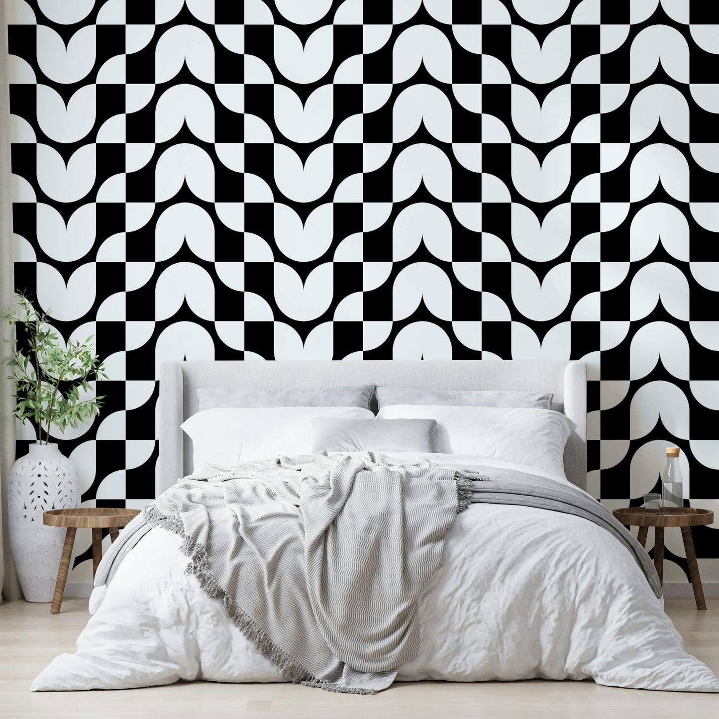 Close-up of a stylized, geometric tulip pattern

