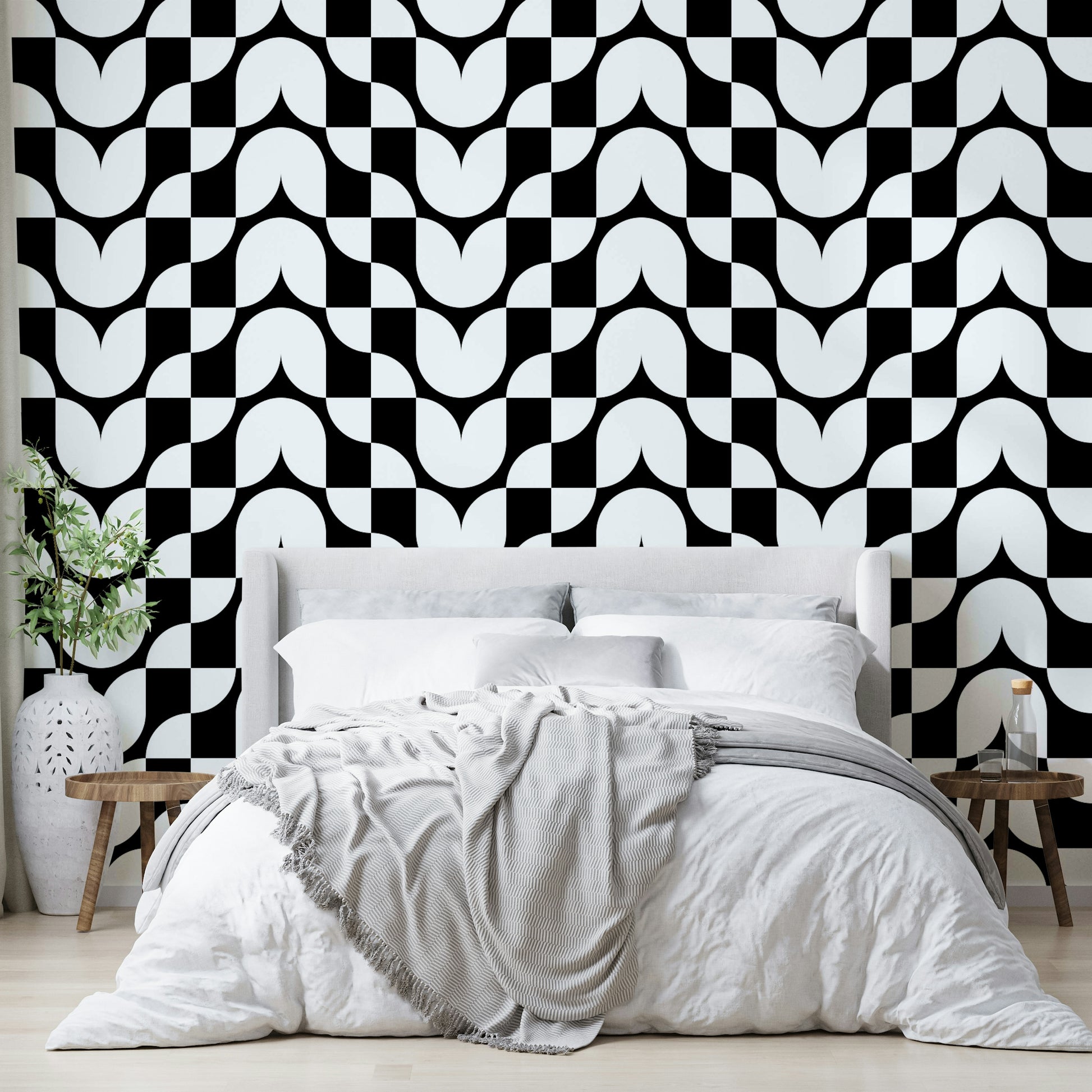 Close-up of a stylized, geometric tulip pattern

