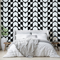 Close-up of a stylized, geometric tulip pattern

