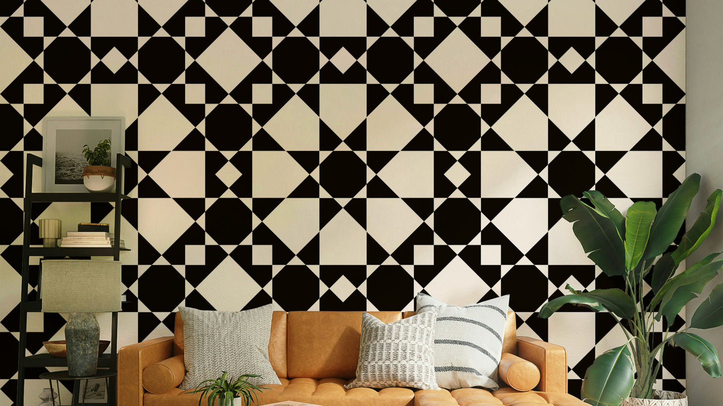 Geometric Star Wallpaper on a living room wall

