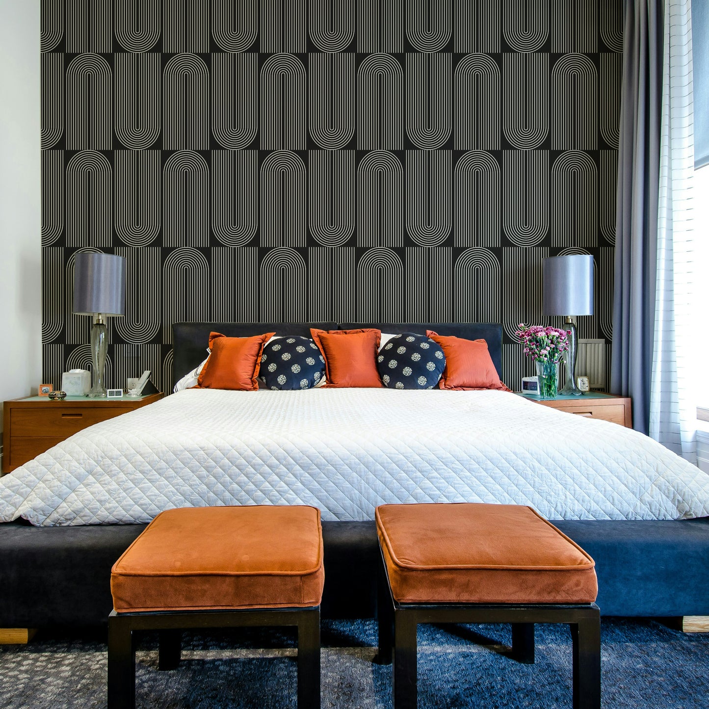 Geometric Outlined Wallpaper on a living room wall

