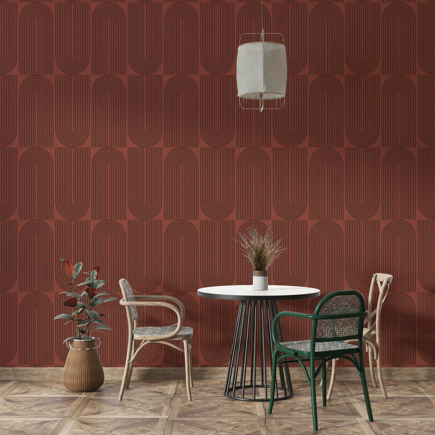 Brown Geometric Outlined Wallpaper on a living room wall

