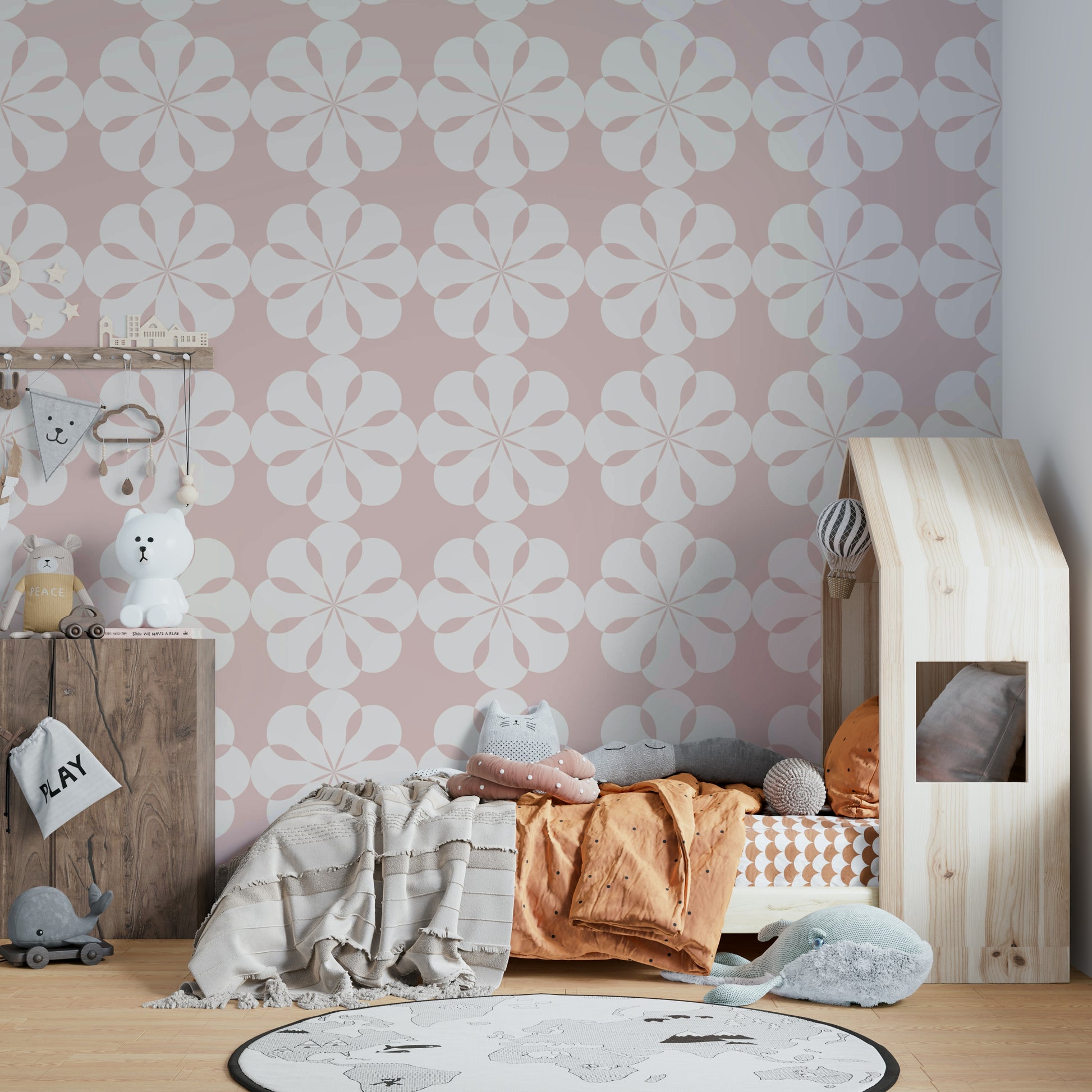 Geometric Flower Cutouts Wallpaper on a living room wall

