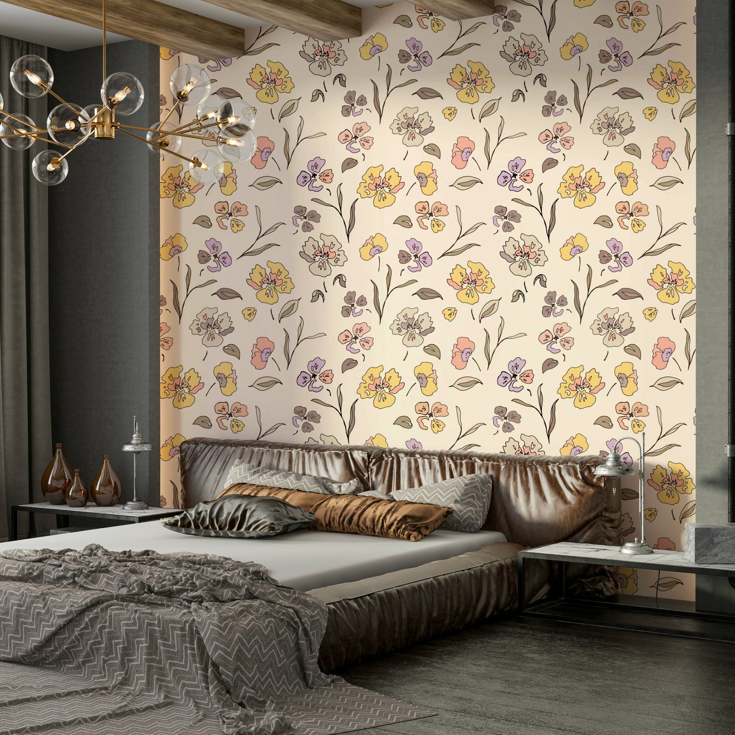 A living room decorated with a floral wallpaper

