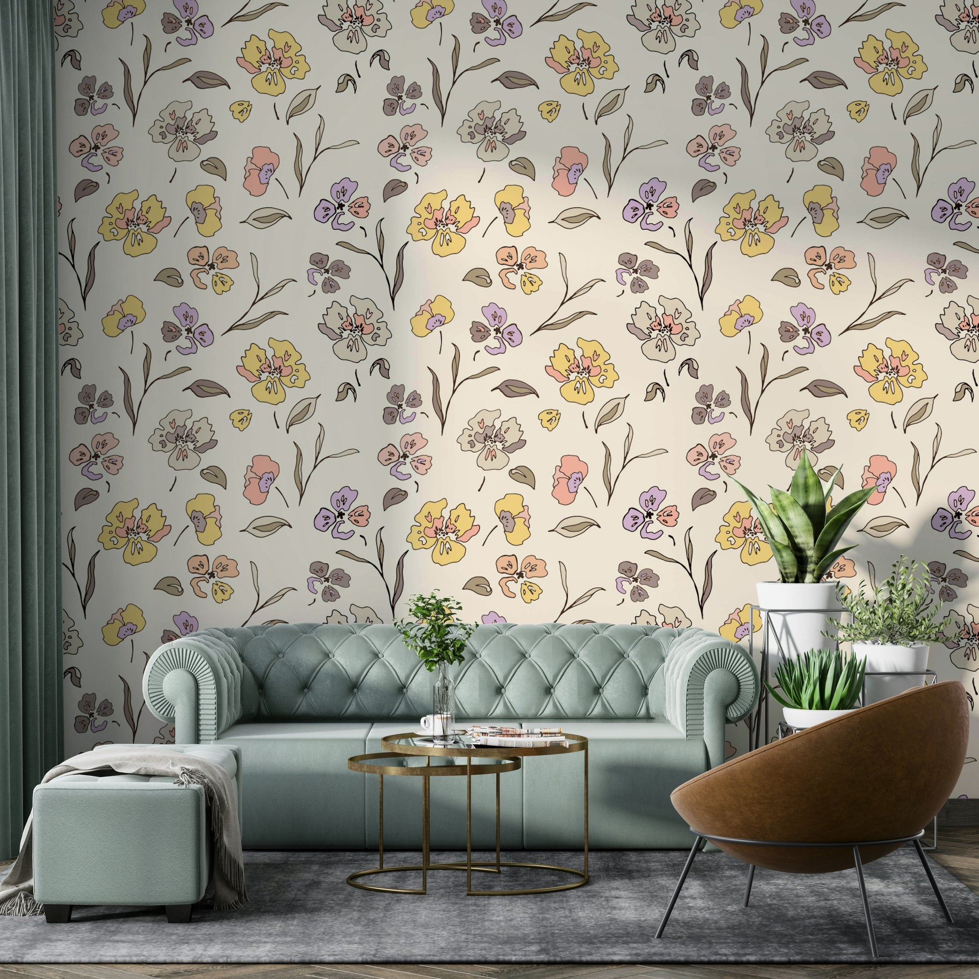 Garden Violets Wallpaper on a bedroom wall

