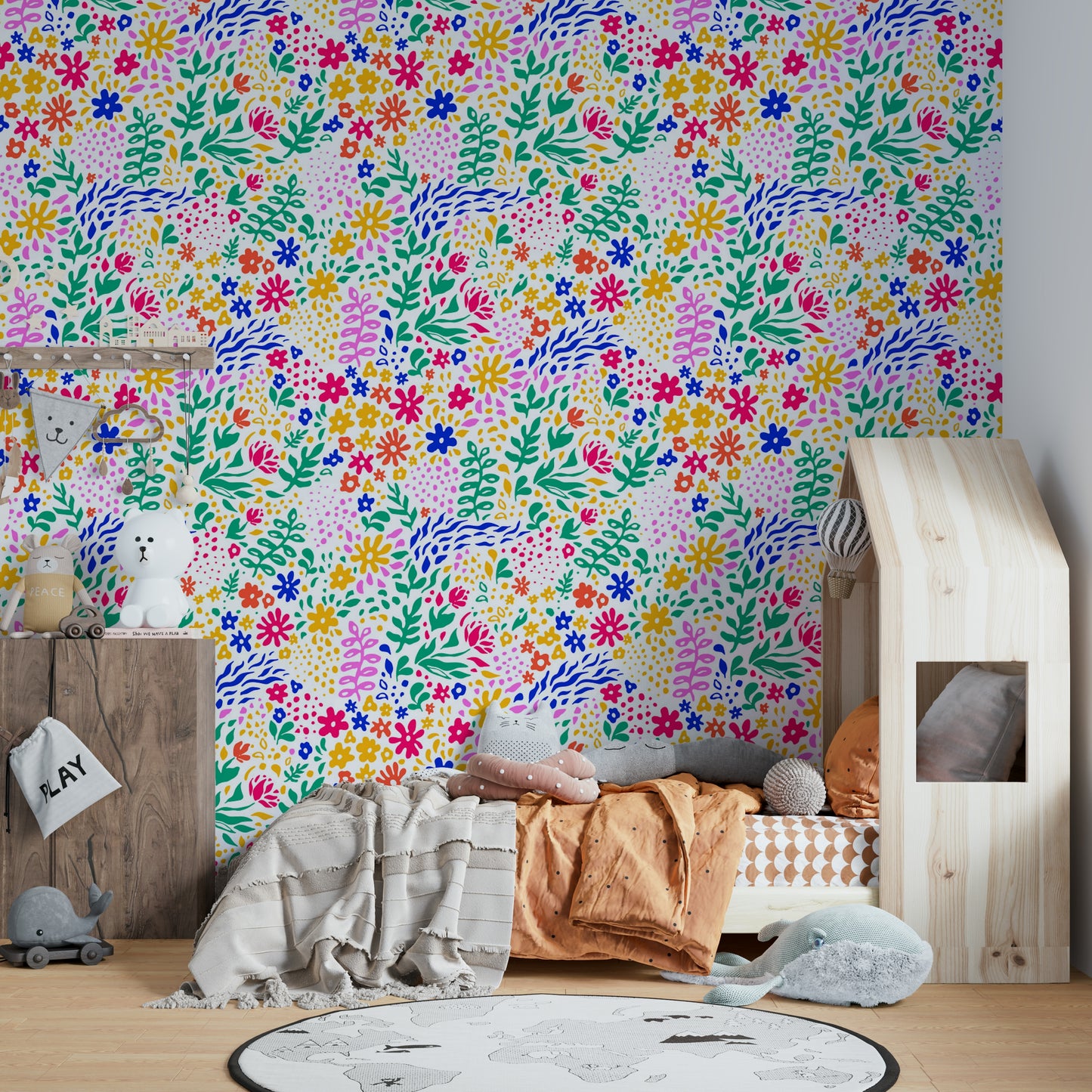 This wallpaper is suitable for a child's room, a living room, or a creative space.
