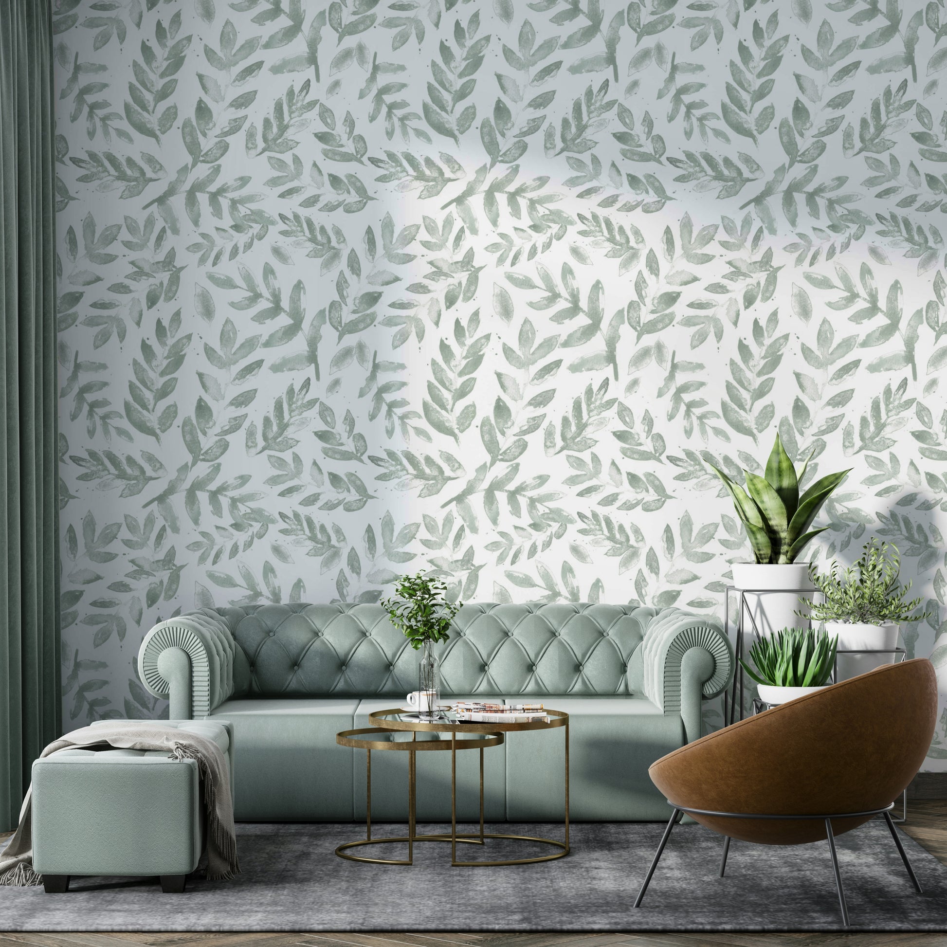 The Bright Watercolor Botanical Wallpaper on a feature wall.
