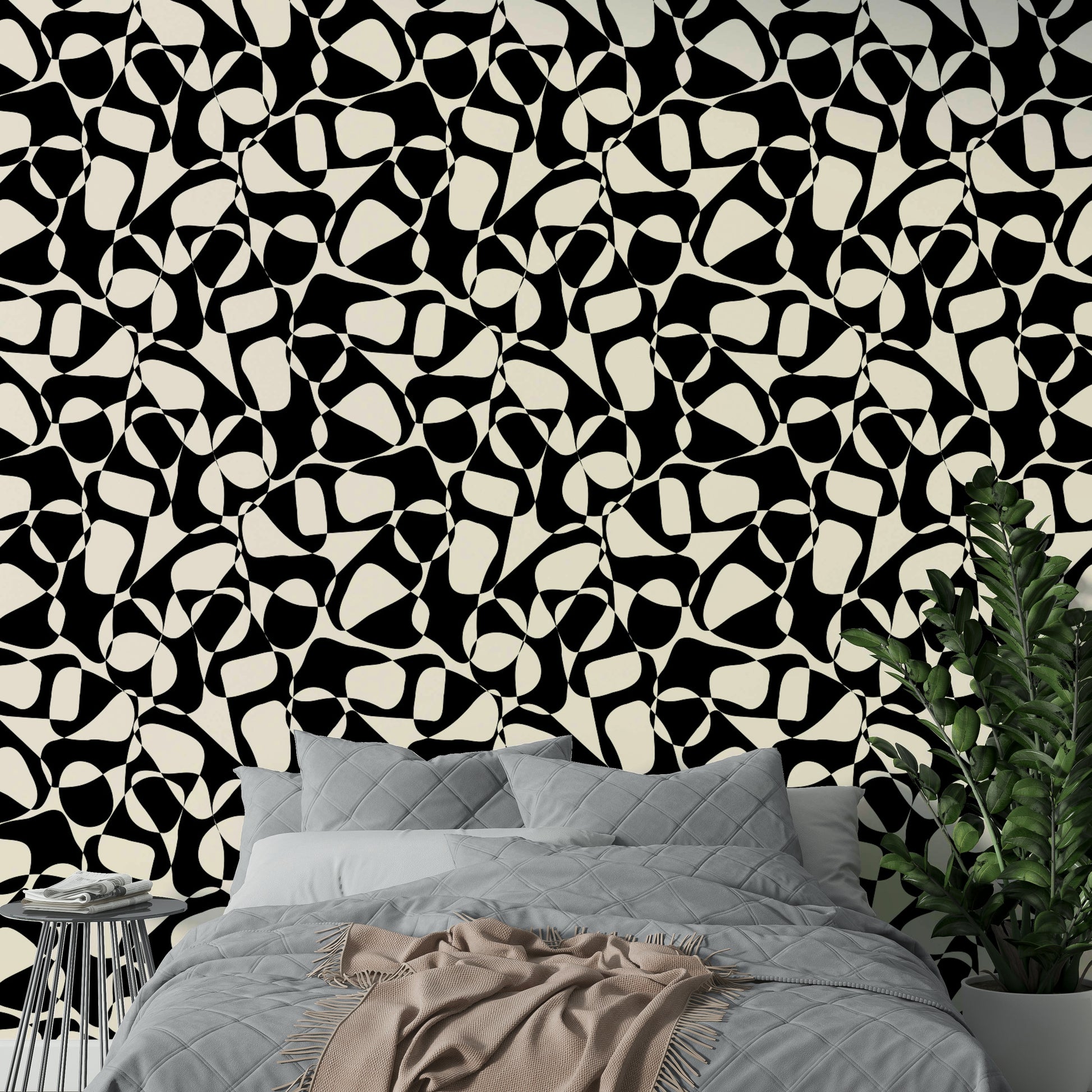 The design is an abstract composition of large geometric shapes.
