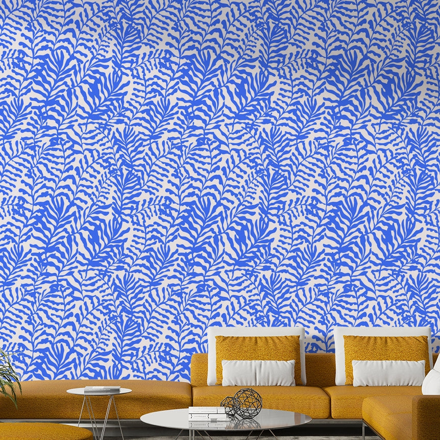 High-quality image of the blue Matisse leaves wallpaper


