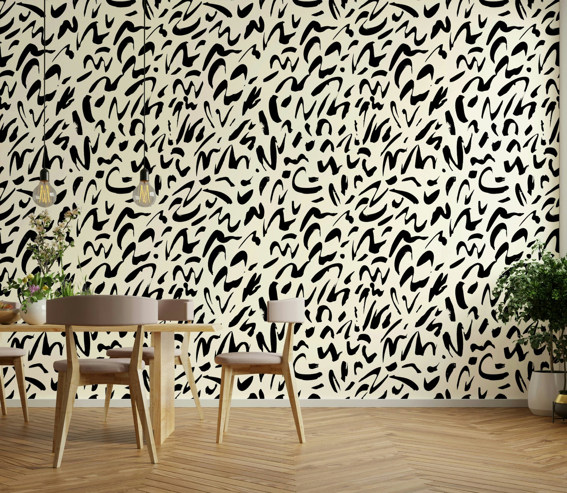 A studio decorated with an abstract wall mural


