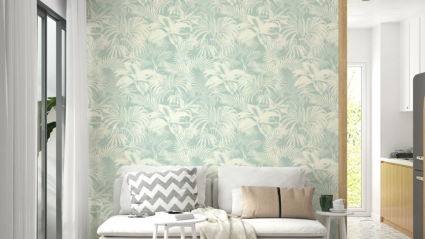 Gray Palm Trees Wallpaper on a living room wall

