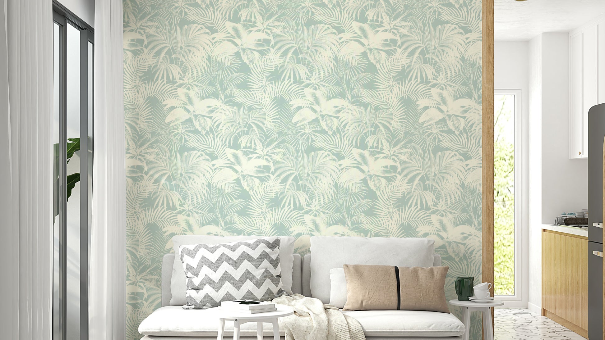 Gray Palm Trees Wallpaper on a living room wall

