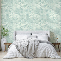 An interior with a soft and peaceful accent wall

