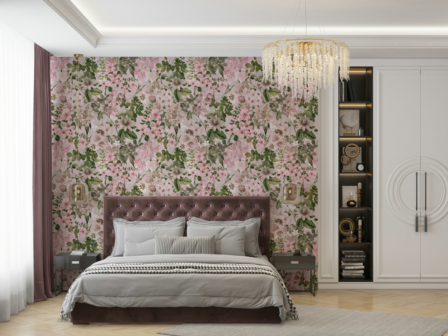 A bedroom decorated with a blossoms mural

