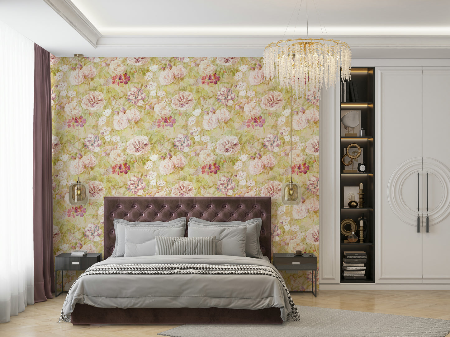 A bedroom decorated with a spring plants mural

