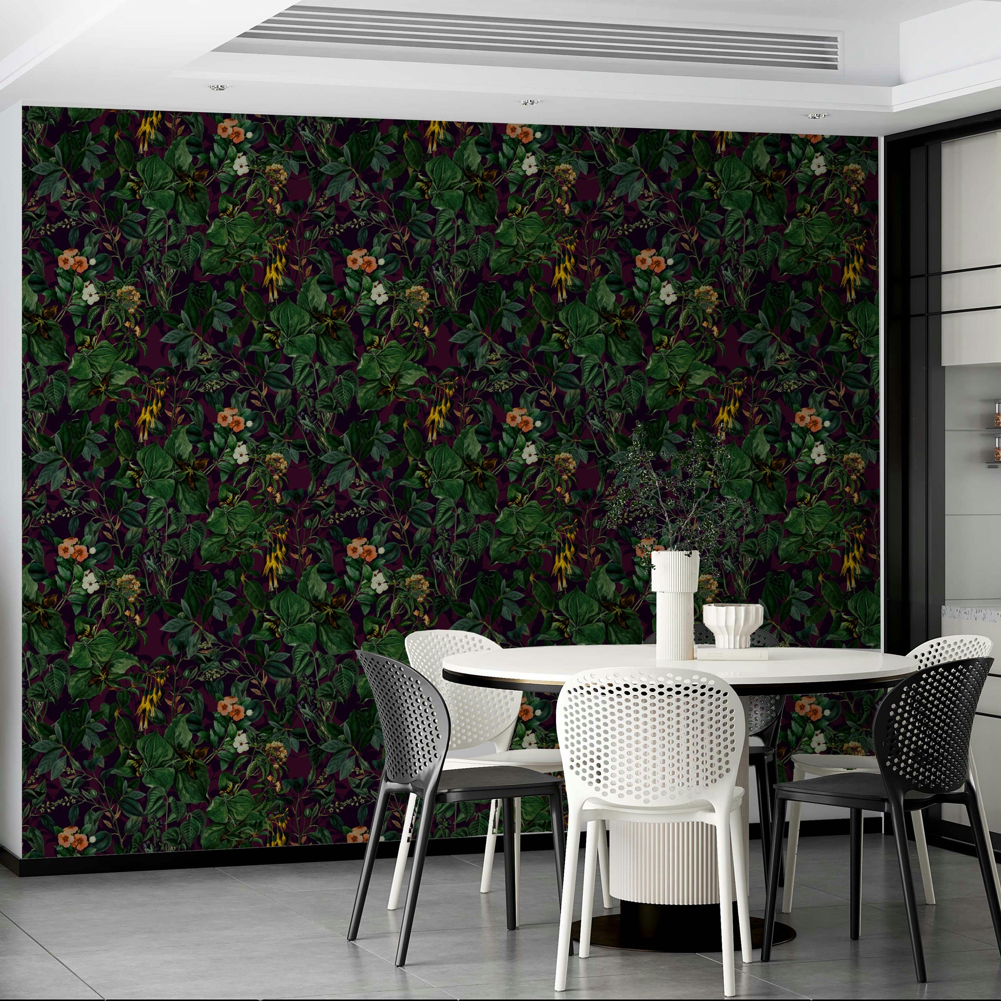 Dark Botanical Wallpaper on a bedroom wall

