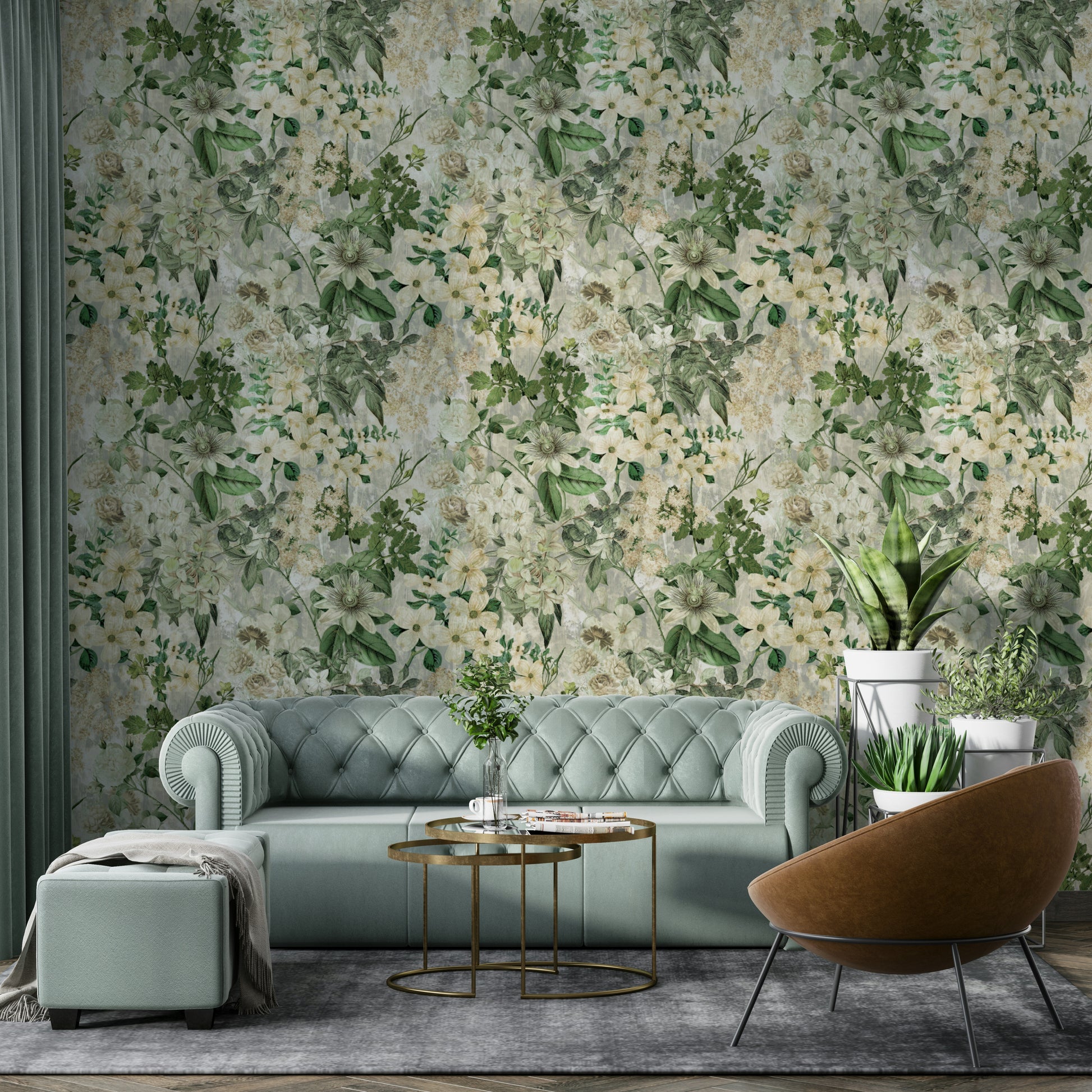 Vintage Bloom Canvas Wallpaper on a living room wall

