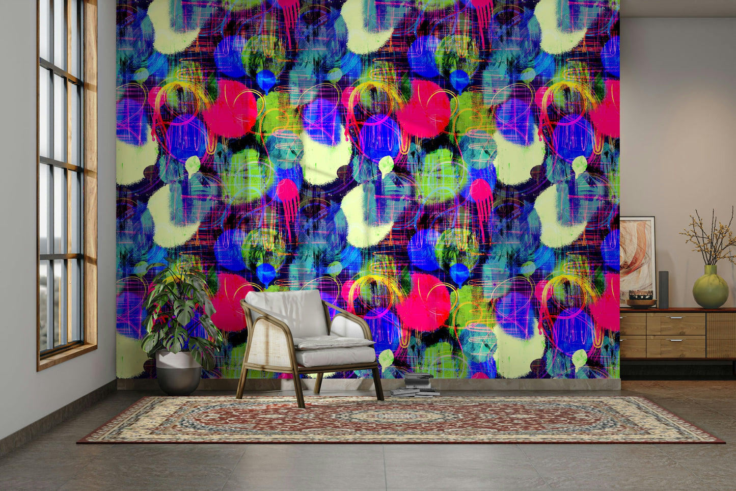 An angled shot of a wall with a colorful street wallpaper

