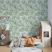 Spring Leaves Wallpaper on a living room wall


