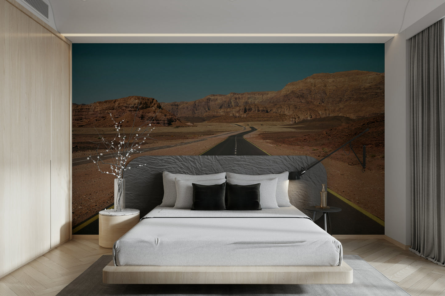 The wallpaper is used as a feature wall in a bedroom.

