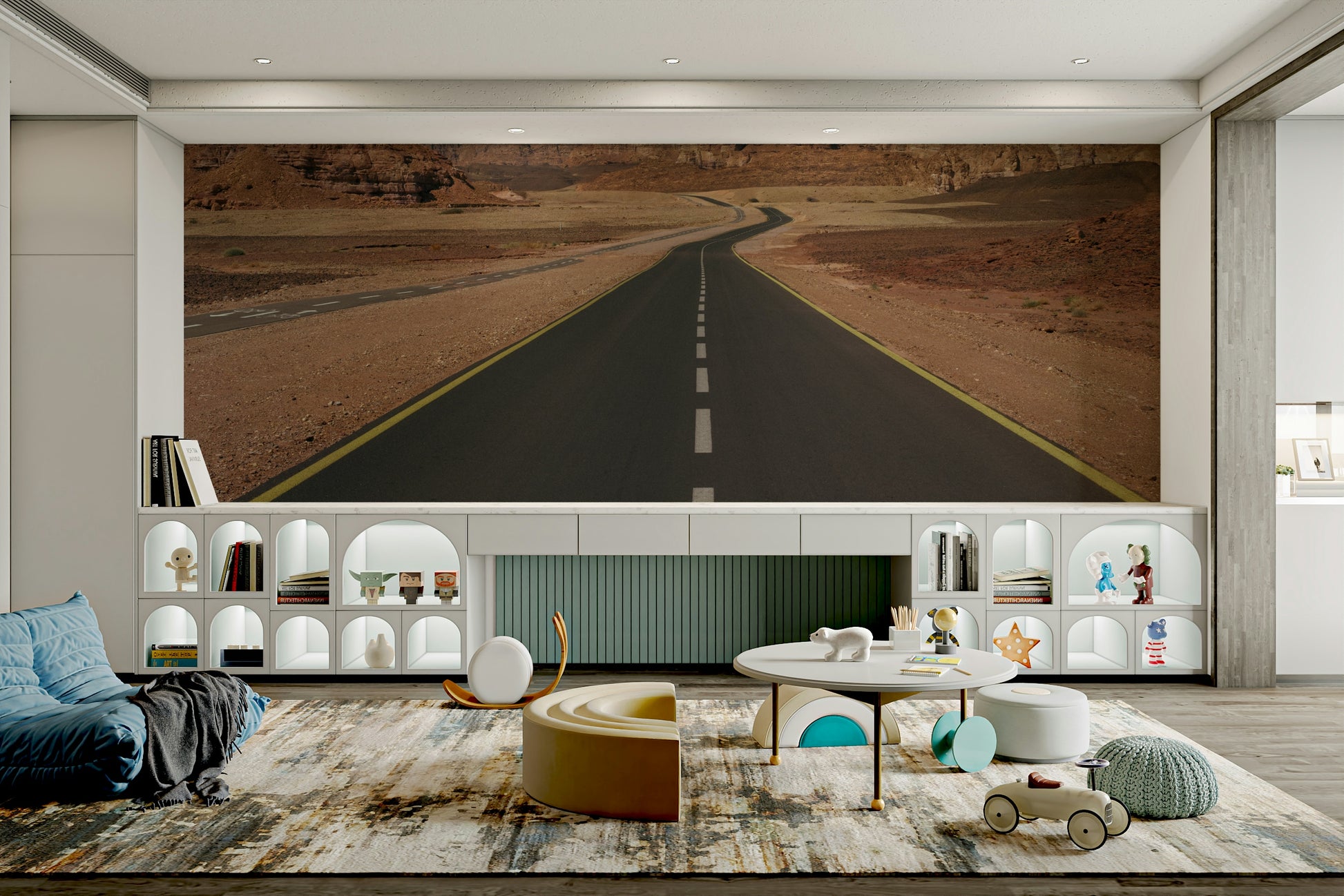 The peel and stick wallpaper showing realistic desert scenery.

