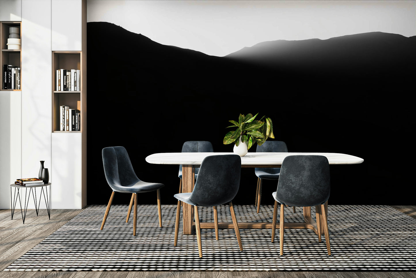 The wallpaper is used as a feature wall in a bedroom.

