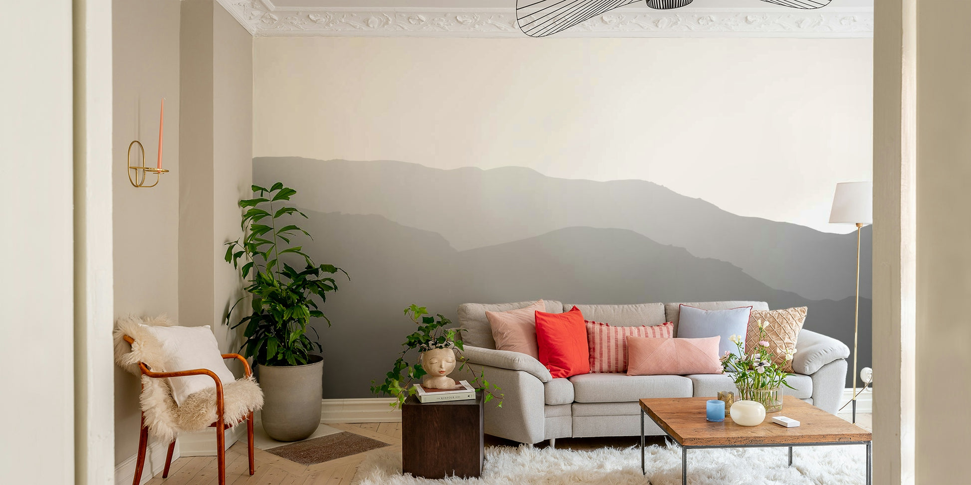 A high-angle view of the wall mural in a large space.

