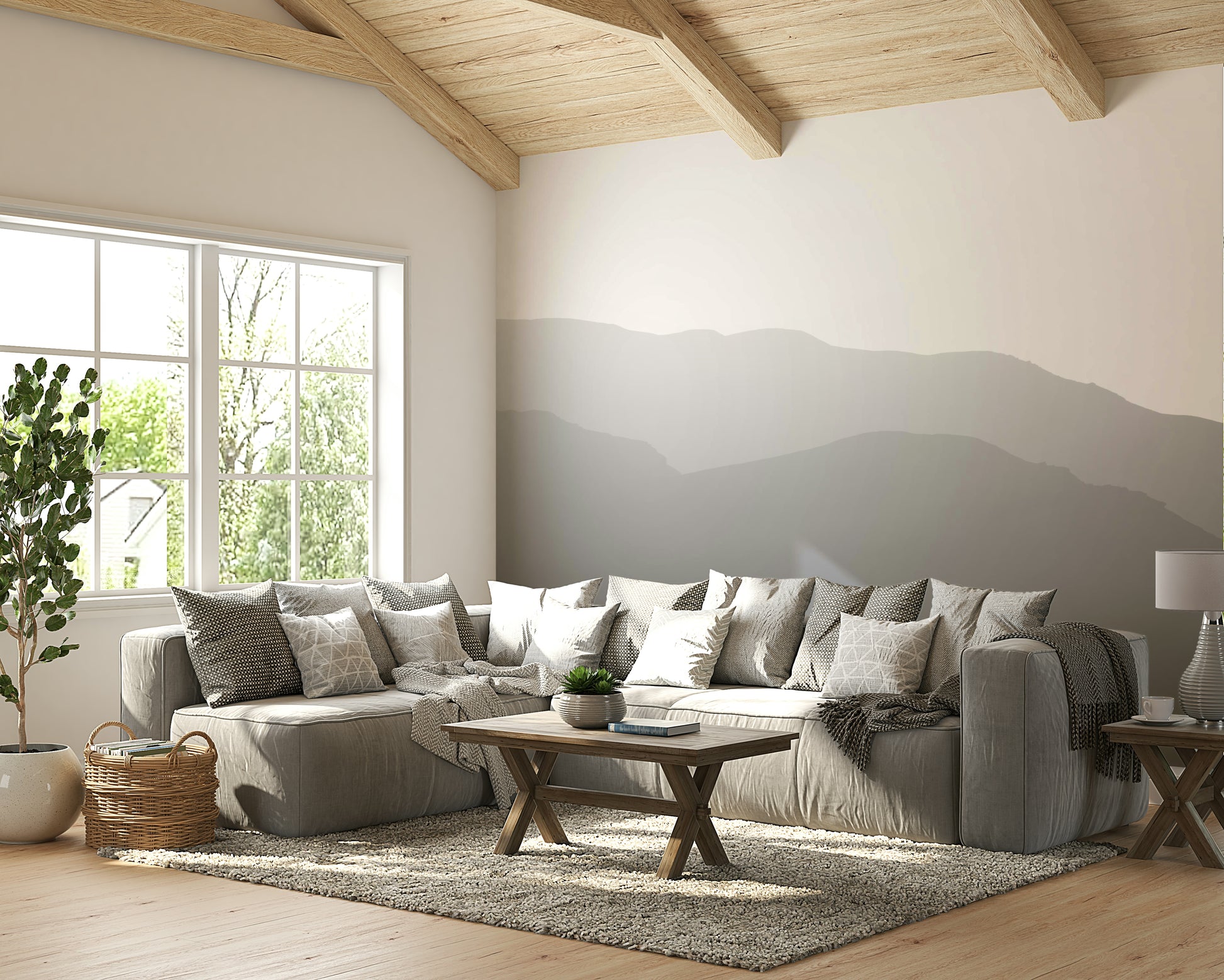 A living room with the mountain landscape wall mural.

