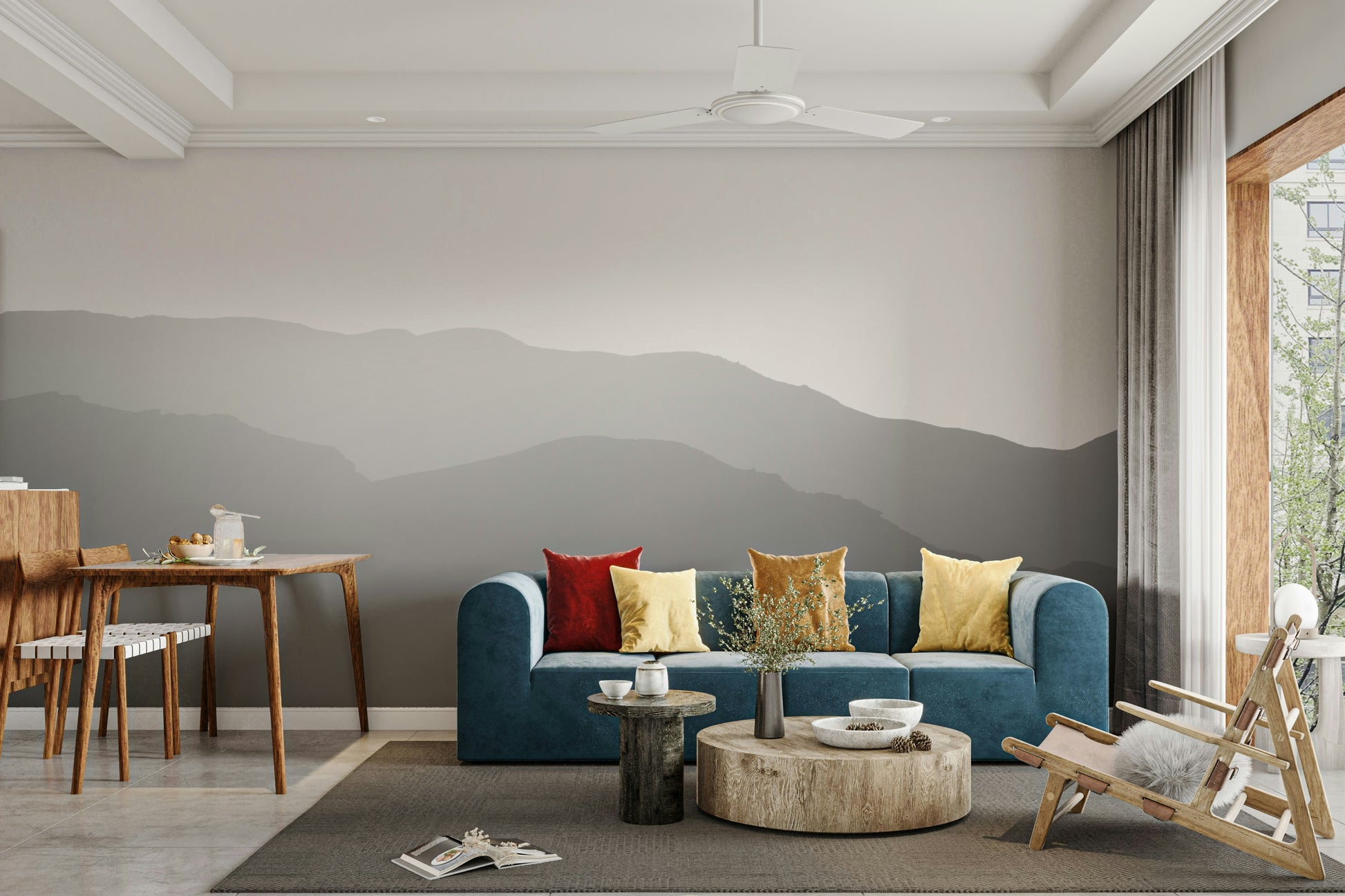 The wallpaper is used as a feature wall in a bedroom.

