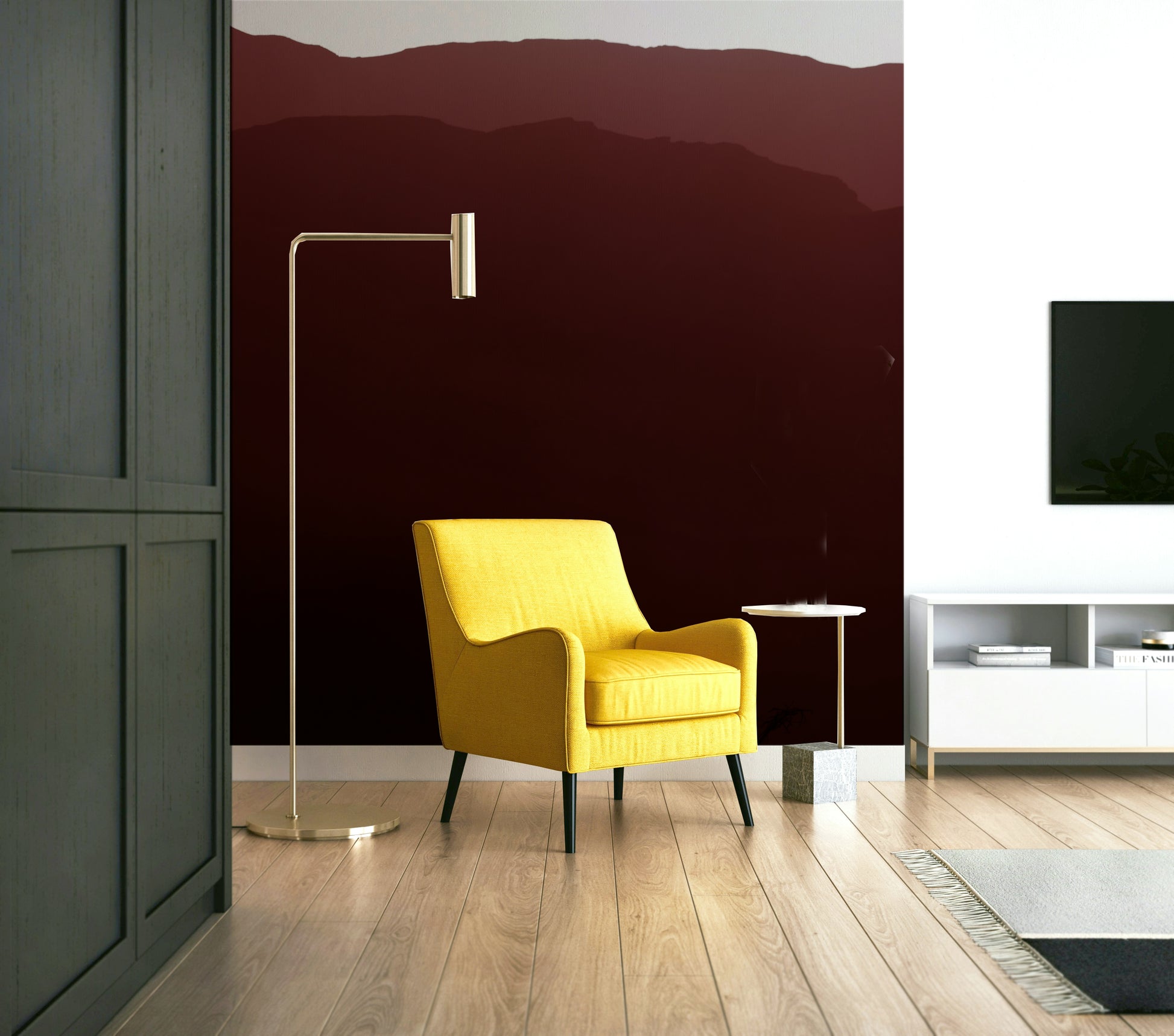 The wallpaper is used as a feature wall in a bedroom.

