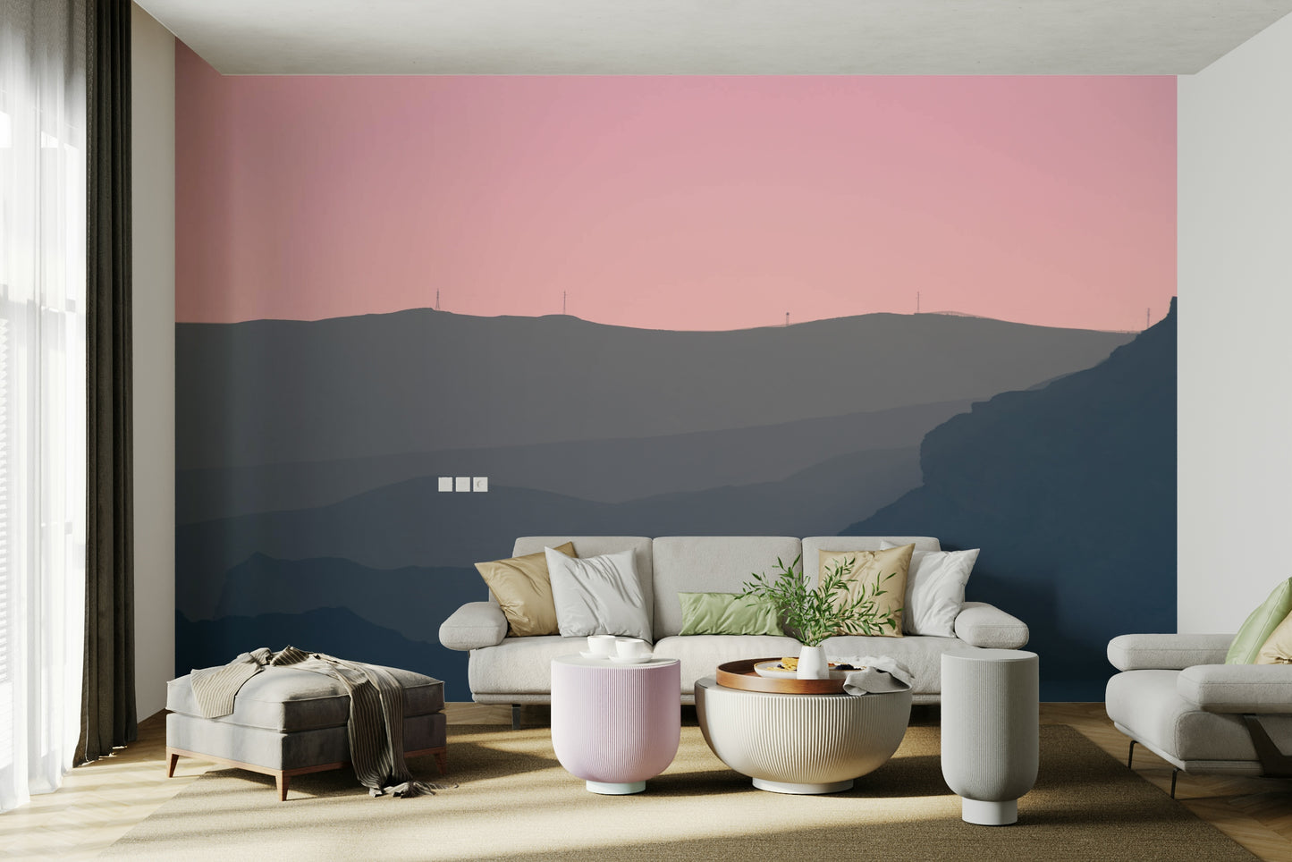 A close-up of the misty mountain ridges and soft, gradient tones.

