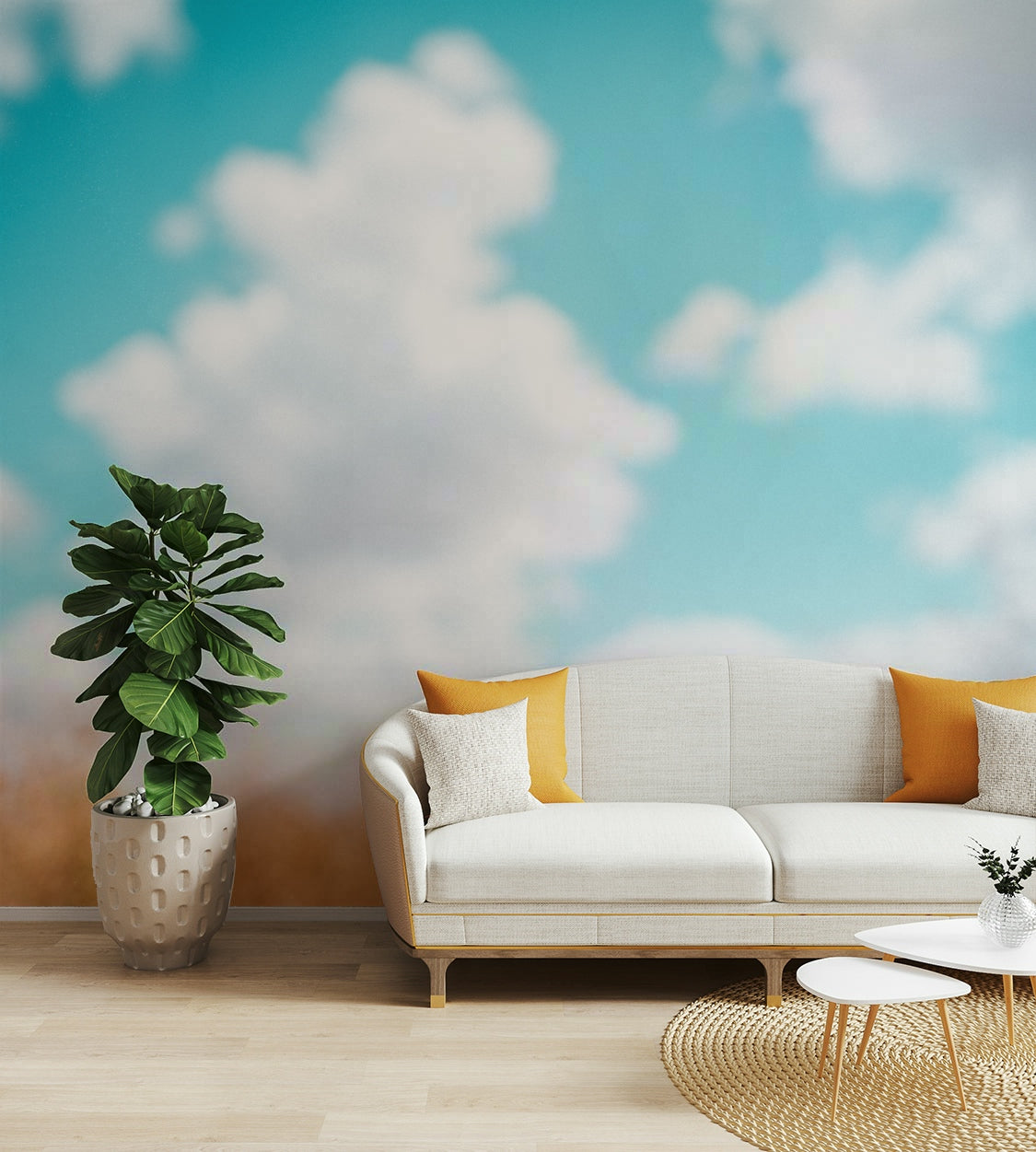 A minimalist interior with the subtle sky wallpaper.

