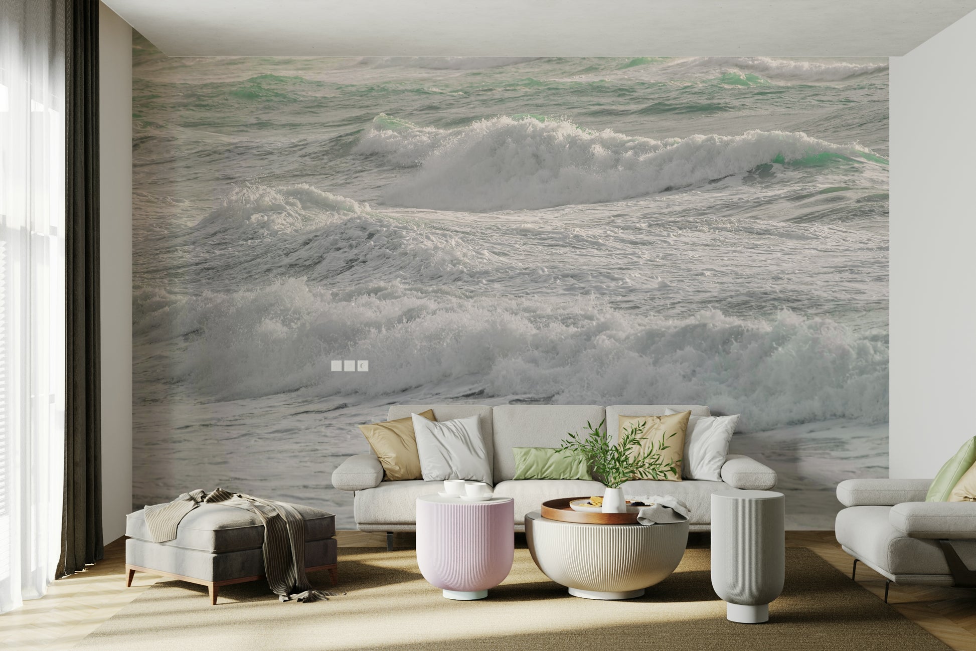 An angled shot of the mural's gentle color palette.

