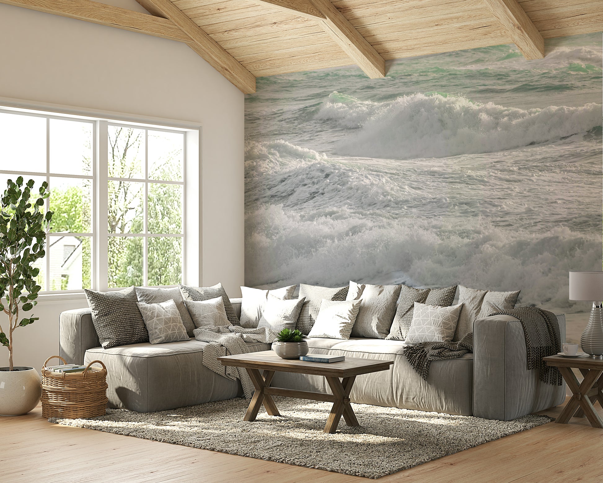 A minimalist interior with the ocean-themed wallpaper.

