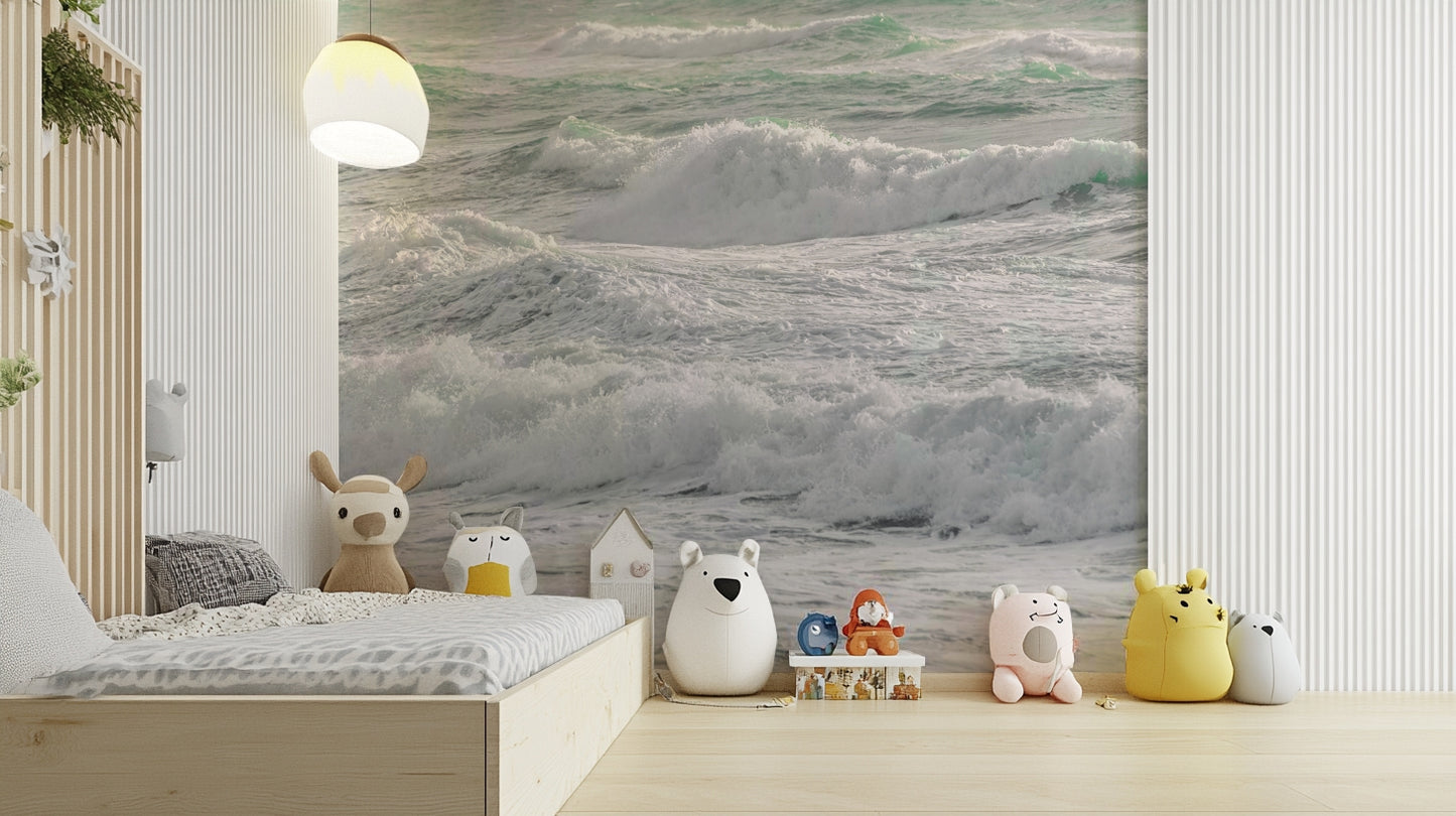 A close-up of the textured details in the white sea foam.

