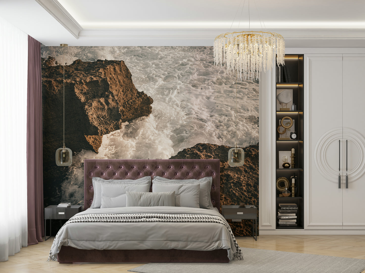 A close-up of the ocean water hitting the rugged rocks.

