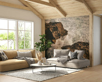 The wallpaper is used as a feature wall in a bedroom.

