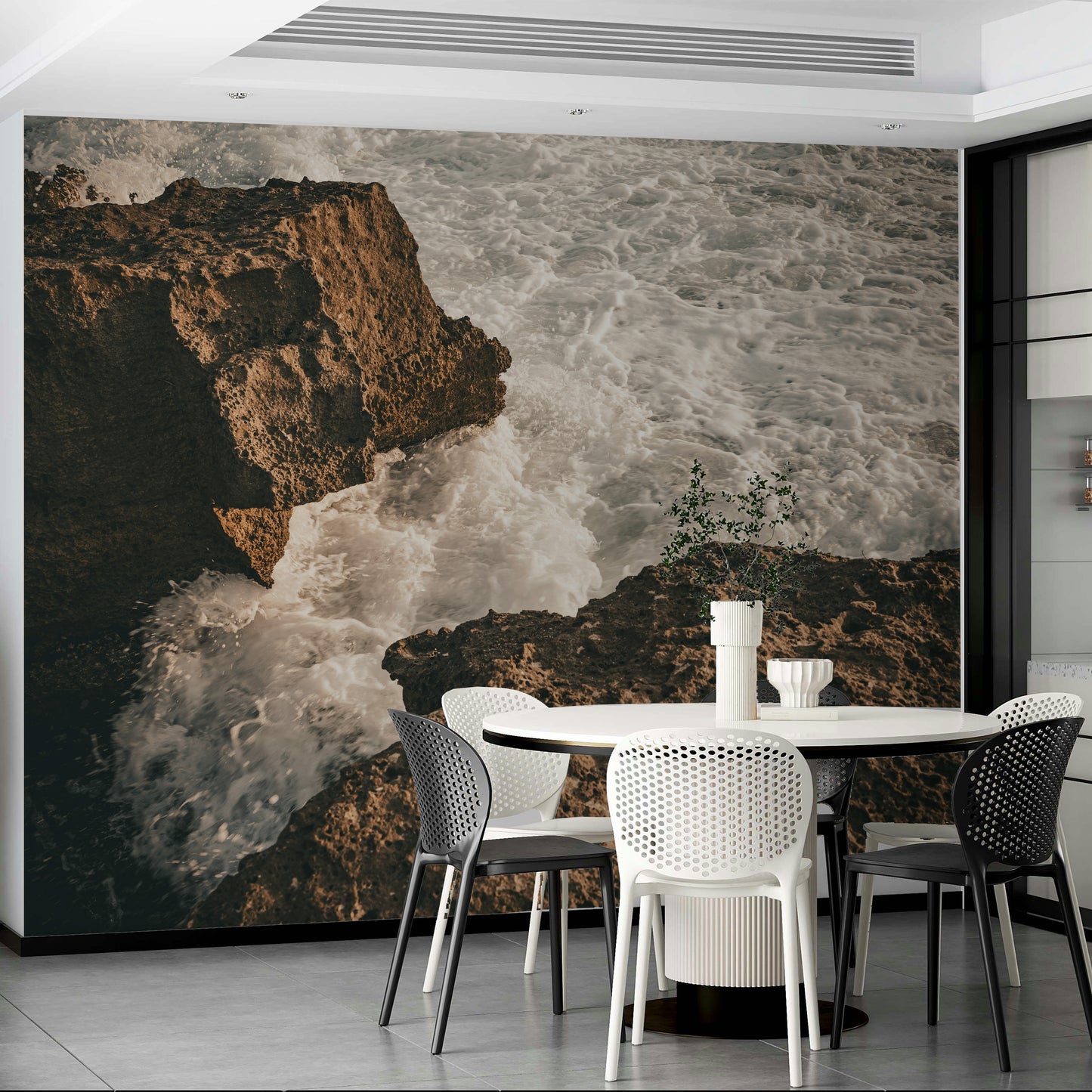 A high-angle view of the wall mural with natural light.

