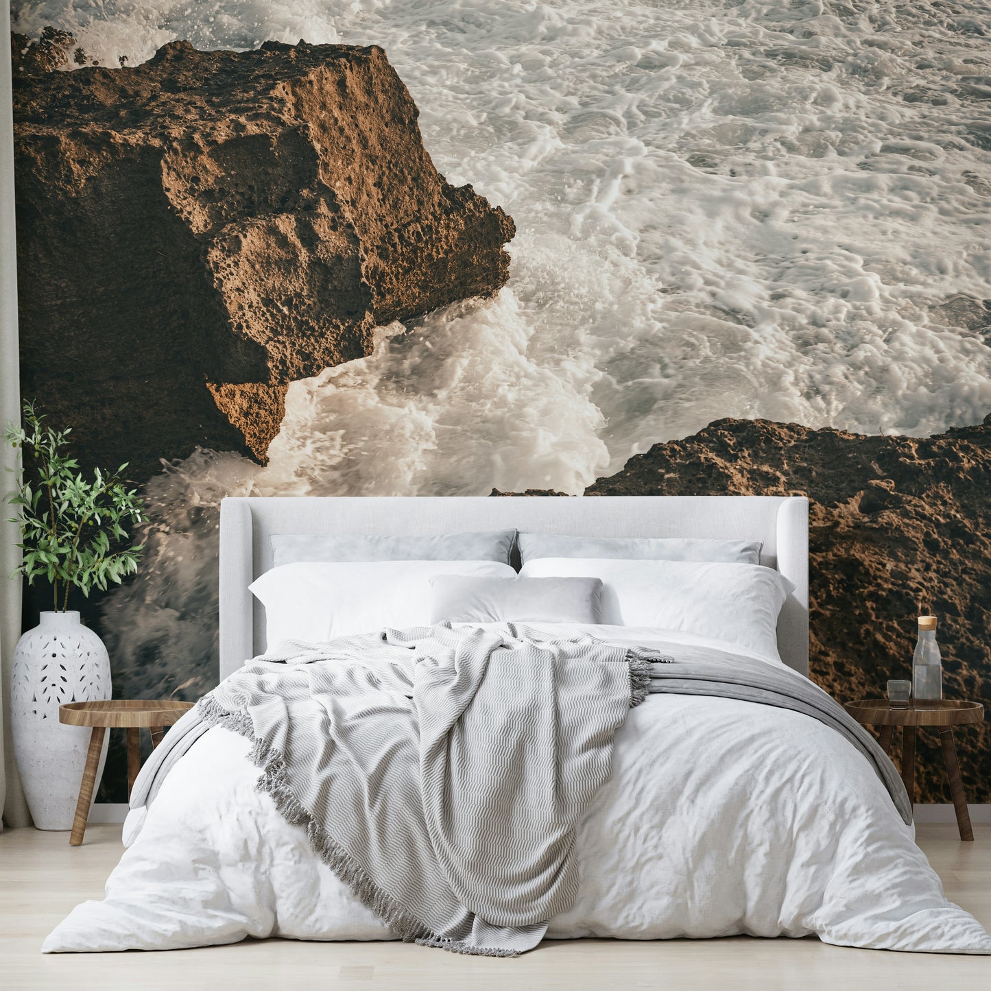 A living room featuring the coastal wall mural.

