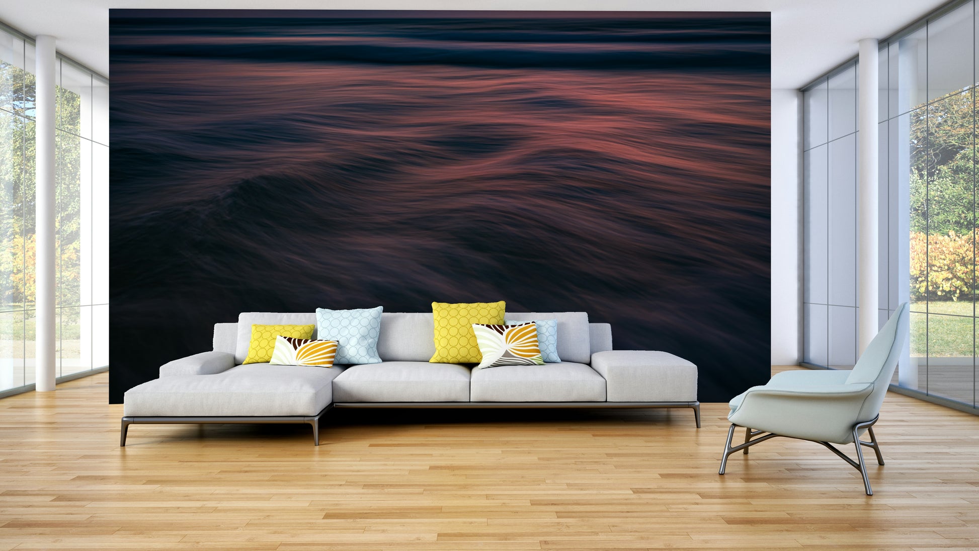 The wallpaper is used as a feature wall in a bedroom.

