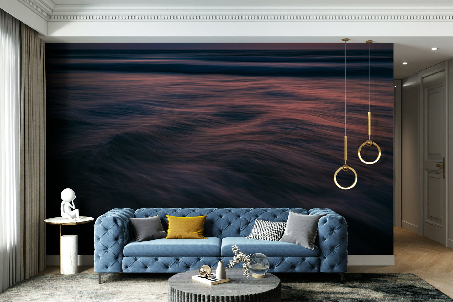 A high-angle view of the wall mural in a large space.

